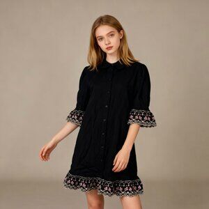 $ 575 NWOT SEE BY CHLOÉ Embroidered ruffles Cotton Mini Dress Black Size 40